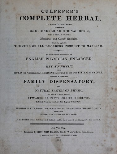 Nicholas Culpeper: Culpepper's complete herbal (1815)